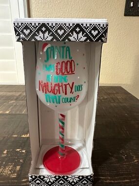 Holiday Wine Glass - White with Red & Teal Candy-Striped Stem